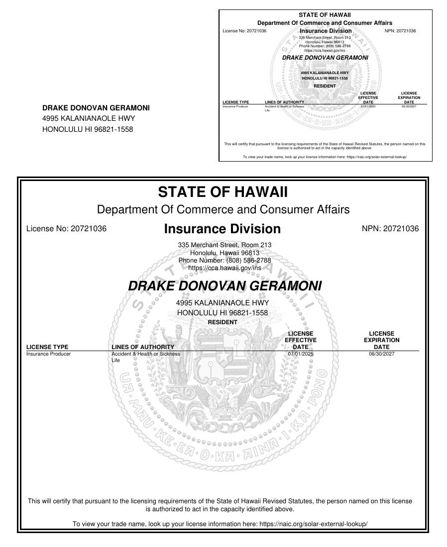 Hawaii license document, page 1
